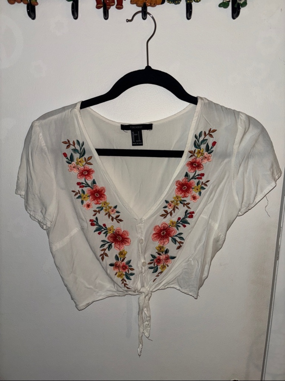 Forever 21 White Cropped Tie-Front Top with Red Floral Embroidery